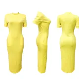 Summer Women's Fashion Round Neck Solid Rib Short Sleeve Sexy Slim Long Dress