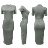 Summer Women's Fashion Round Neck Solid Rib Short Sleeve Sexy Slim Long Dress