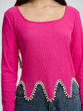 Solid Color Knitting Ribbed Long Sleeve Irregular Knitting Top