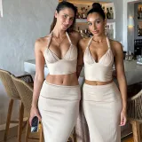 Spring Chic Metal Decoration Halter Neck Two-Piece Skirt Set