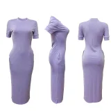 Summer Women's Fashion Round Neck Solid Rib Short Sleeve Sexy Slim Long Dress
