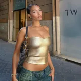 Women's Summer Solid Color Casual Strapless Crop Sleeveless Shiny Slim Vest Top