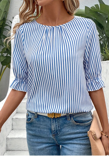 Summer Women's Clothing Plus Size Loose Striped Three-Quarter Sleeve Shirt