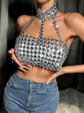 Summer Nightclub Slim Low Back Gem Strap Vest Halter Neck Top