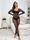 Women's Beaded Crotchless Temptation Sexy Long-Sleeved V-Neck Jumpsuit