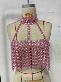 Summer Nightclub Slim Low Back Gem Strap Vest Halter Neck Top