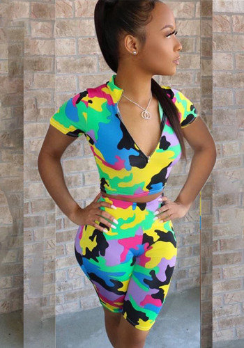 Women's Sexy Camouflage Short Sleeve Zipper High Waist Two-Piece Set
