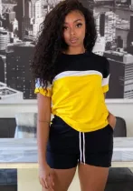 Women's Fashion Casual Patchwork Short Sleeves T-Shirt Shorts Two Piece Set