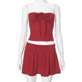 Women's Summer Strapless Low Back Ruffled Casual Two Piece Skirt Set