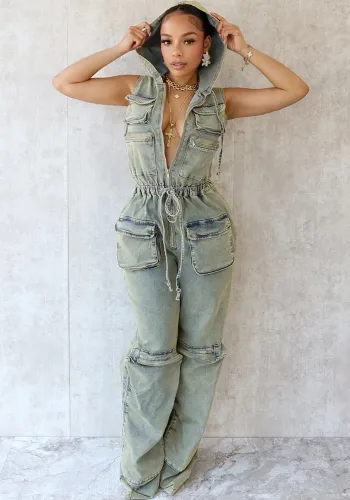 Hooded Sleeveless Pocket Casual Cargo Jumpsuit
