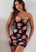 Women's Summer Sexy Floral Printed Strapless Slim Nightclub Bodycon Dress