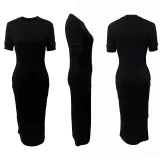 Summer Women's Fashion Round Neck Solid Rib Short Sleeve Sexy Slim Long Dress