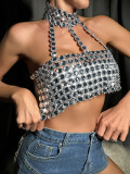 Summer Nightclub Slim Low Back Gem Strap Vest Halter Neck Top