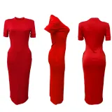 Summer Women's Fashion Round Neck Solid Rib Short Sleeve Sexy Slim Long Dress