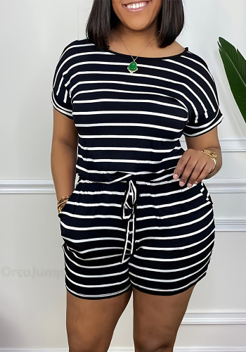 Fashion Plus Size Round Neck Casual Loose Comfort Striped Two Piece Shorts Set