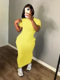 Summer Women's Fashion Round Neck Solid Rib Short Sleeve Sexy Slim Long Dress