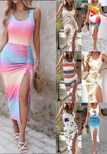 Fashion Printed Sleeveless Slim Waist Slim Sexy Slit Dress