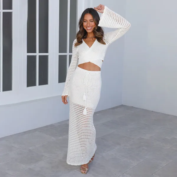 Summer Beach Suit Female Solid Color Sexy Knitting Hollow Beach Crochet Two Piece Skirt Set