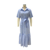 Women Chic Stripe Turndown Collar Maxi Dress