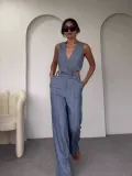 Women Summer Solid Round Neck Sleeveless Vest and Wide-leg Pants Two-piece Set