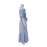 Women Chic Stripe Turndown Collar Maxi Dress