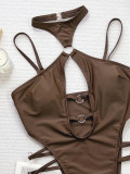 Women bikini Solid hollow Lace-Up one-piece Swimwear