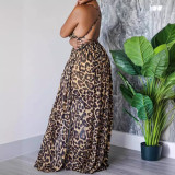 Women split leopard V Neck cross Backless Strap Dress