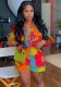 Summer Women Flower Print Long Sleeve Shirt Shorts Two-piece Set