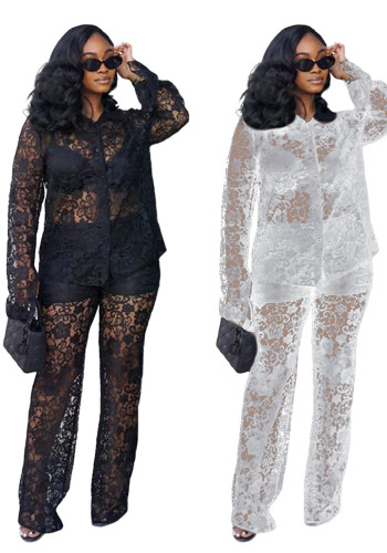 Summer Women Sexy Lace Pattern Turndown Collar See-Through Top and Pant Two-piece Set