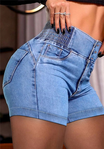 Women zipper elastic waistband pocket stretch Denim shorts