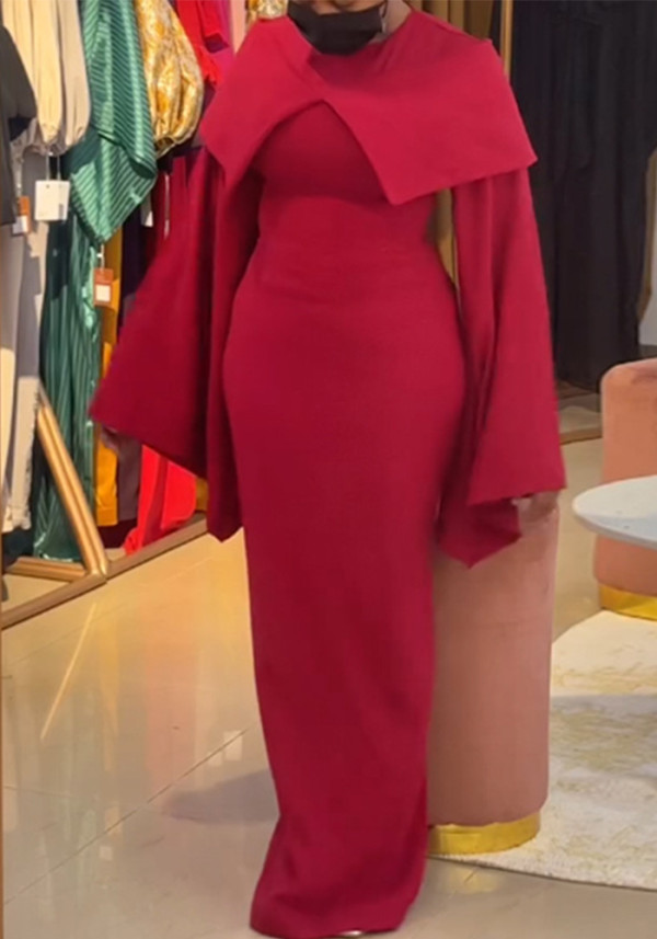 Women summer Turndown Collar Solid long sleeve Maxi Dress
