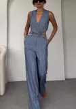 Women Summer Solid Round Neck Sleeveless Vest and Wide-leg Pants Two-piece Set