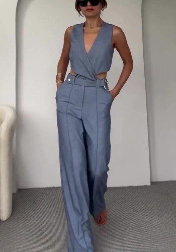 Women Summer Solid Round Neck Sleeveless Vest and Wide-leg Pants Two-piece Set