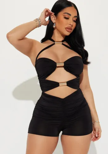 Summer Women Style Hollow Contrast Bow Halter Neck Jumpsuit
