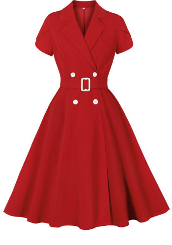 Summer Women Red Turndown Collar Short Sleeve Dress