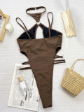 Women bikini Solid hollow Lace-Up one-piece Swimwear