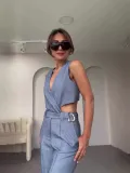 Women Summer Solid Round Neck Sleeveless Vest and Wide-leg Pants Two-piece Set