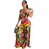 women's clothing sexy printed Strap split wide leg Jumpsuit