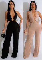 Sexy solid color halter strap backless club jumpsuits