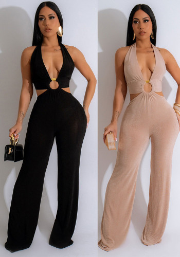 Sexy solid color halter strap backless club jumpsuits