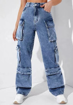 Women's High Waist Pocket Loose Cargo Denim Pants