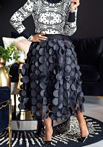 Women's polka dot black mesh skirt long A-line skirt