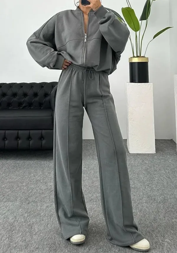 Autumn solid color zipper loose top Casual trousers set