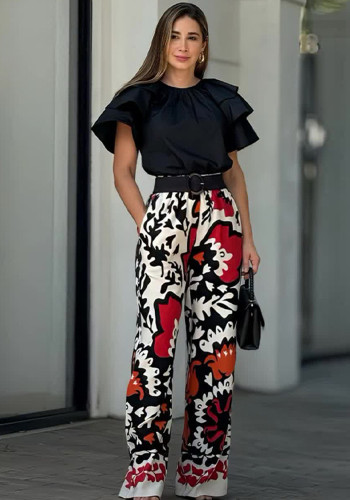 Summer ruffled Round Neck top fashion printed trousers Casual set