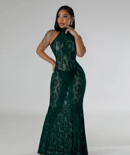 Sexy Fashion Halter Neck See Through Lace Low Back Slim Nightclub Long Dress