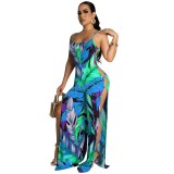 women's clothing sexy printed Strap split wide leg Jumpsuit