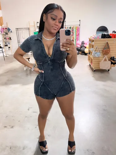 Women's Ribbed Turndown Collar V-Neck Short Sleeve Slim Jumpsuit
