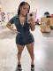 Women's Ribbed Turndown Collar V-Neck Short Sleeve Slim Jumpsuit