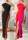 contrast color one-shoulder Elegant long dress evening gown