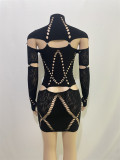 Women Solid Studded High Neck Ripped Long Sleeve Sexy Mini Dress